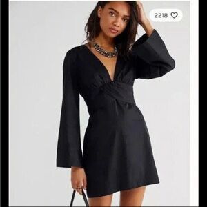 NWT Free People Feel Fabulous Mini Black Buttondown V Neck Bell Sleeve Dress M